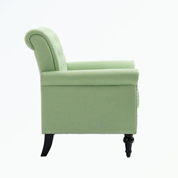 Linen Armchair with Tufted Back and Wood Legs