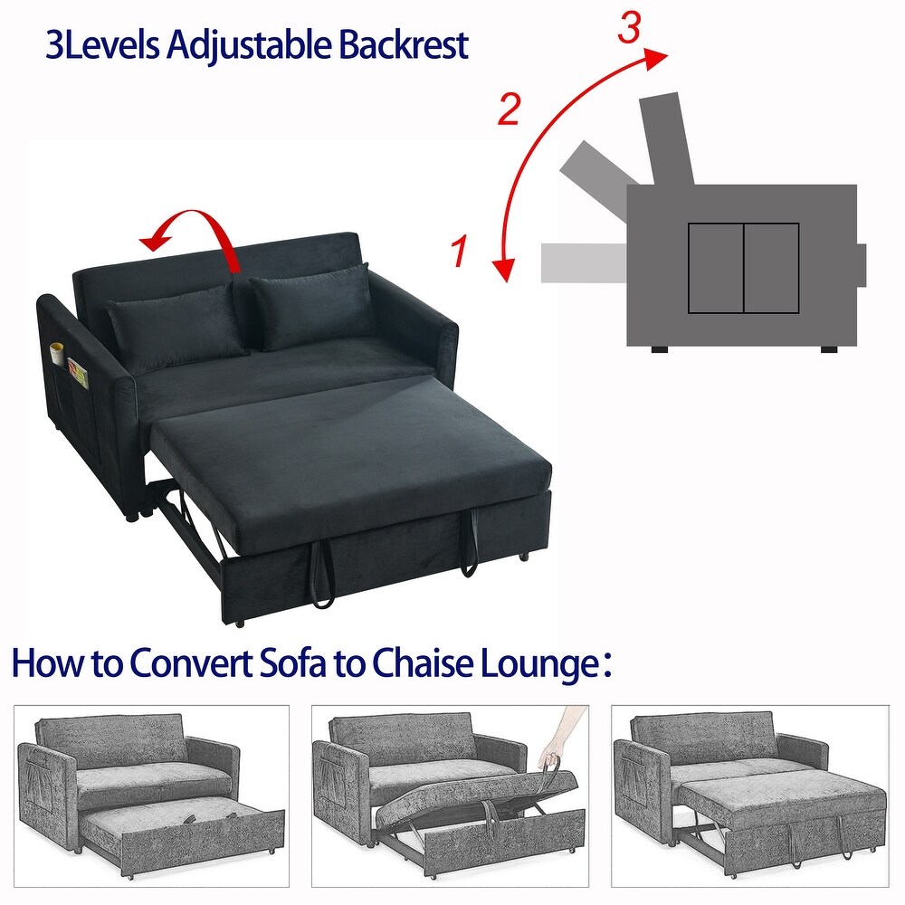 Velvet Upholstered Pull out Sleeper Sofa Convertible Sofa Bed with Adjustable Backrest  Lumbar Pillows and Side Pockets