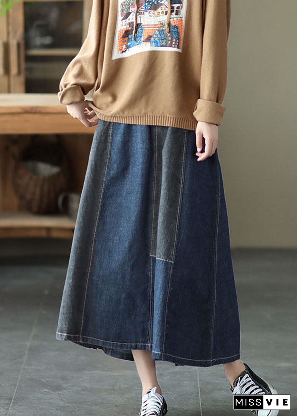 Dark Blue Denim Skirt Elastic Waist Button Spring