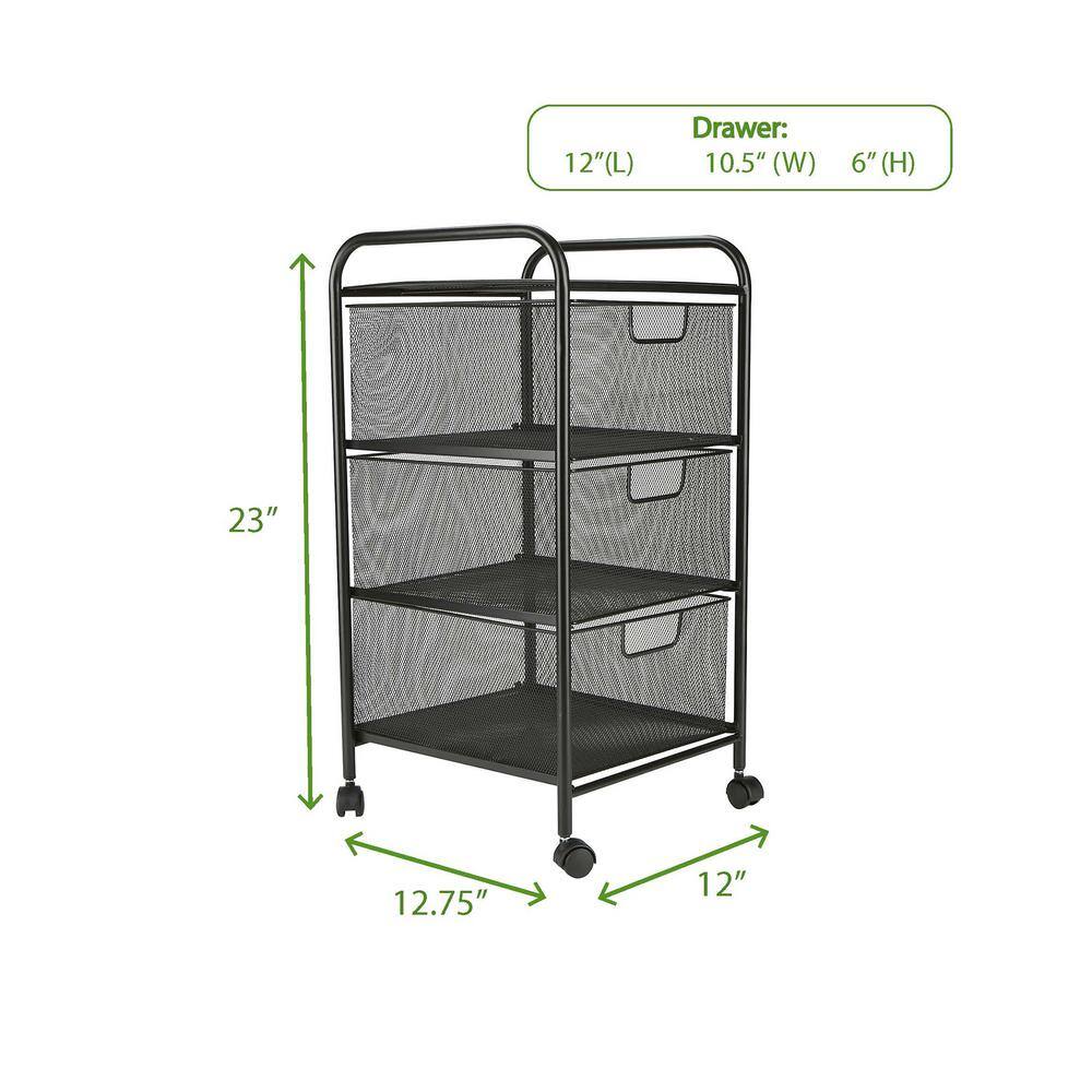 Mind Reader 3 Drawer Mesh Rolling Cart Metal Storage Drawers File Storage Utility Cart Heavy Duty Multi-Purpose Cart in Black 3VERTM-BLK