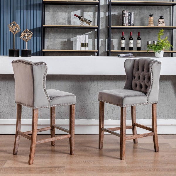 Upholstered 27 Seat Height Barstools with Nailhead-Trim and Tufted Back， Set of 2