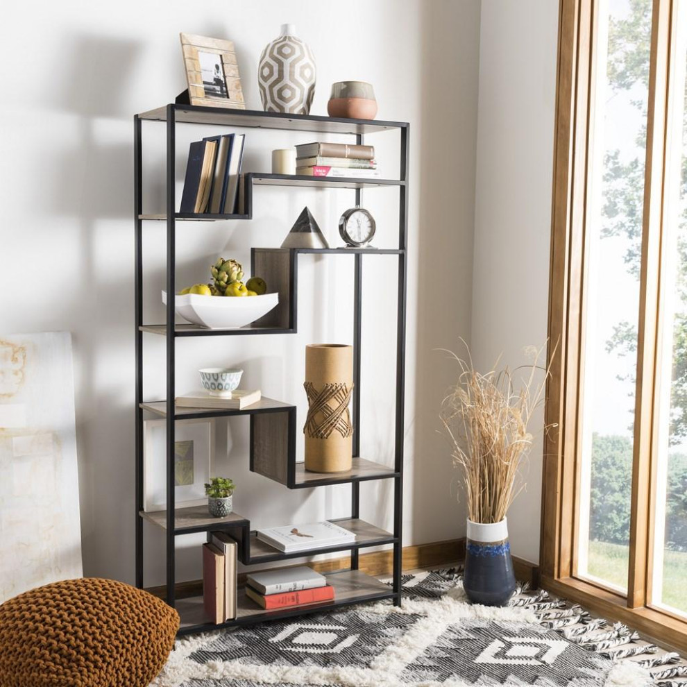 Mobley Retro Mid Century Wood Etagere/Bookcase  Oak/Black   Industrial   Bookcases   by Rustic Home Furniture Deco  Houzz