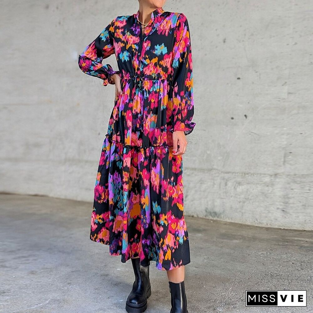 Fashion Floral Print Long Dress Women Fall Vintage Long Sleeve Stand Collar Single Breasted Waist Dress Women Loose Boho Dresses