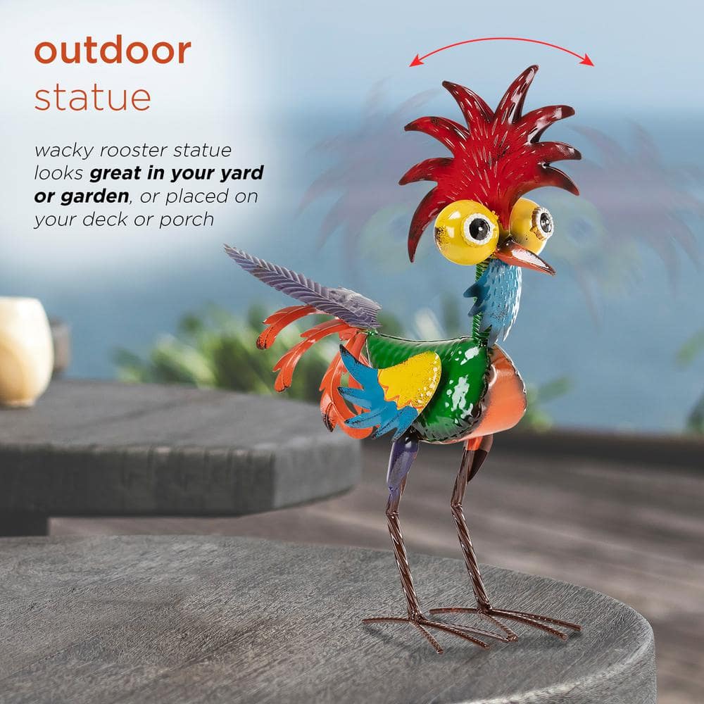 Alpine Corporation 18 in. Tall Indoor/Outdoor Wacky Metal Rooster Yard Statue Decoration MZP388