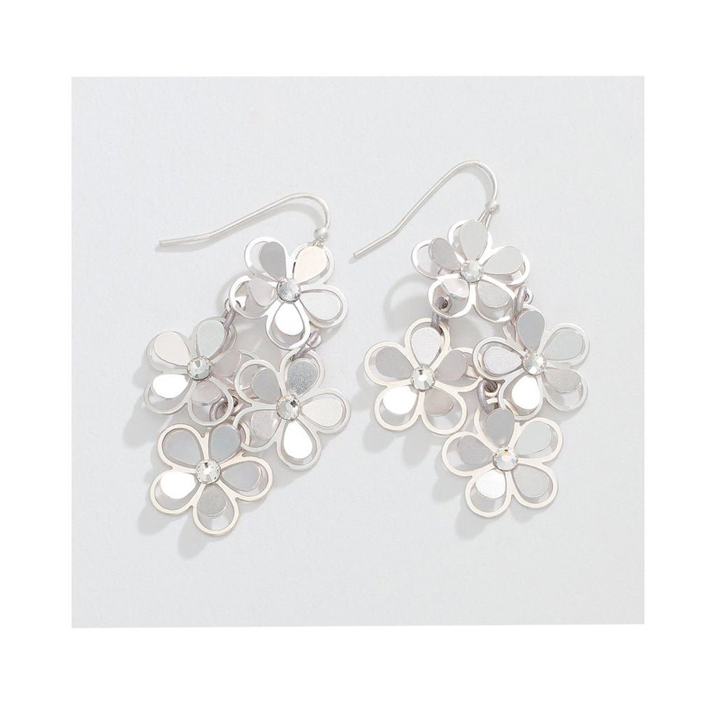 Periwinkle by Barlow   Matte Silver Flower Cascade with Crystals - Earrings