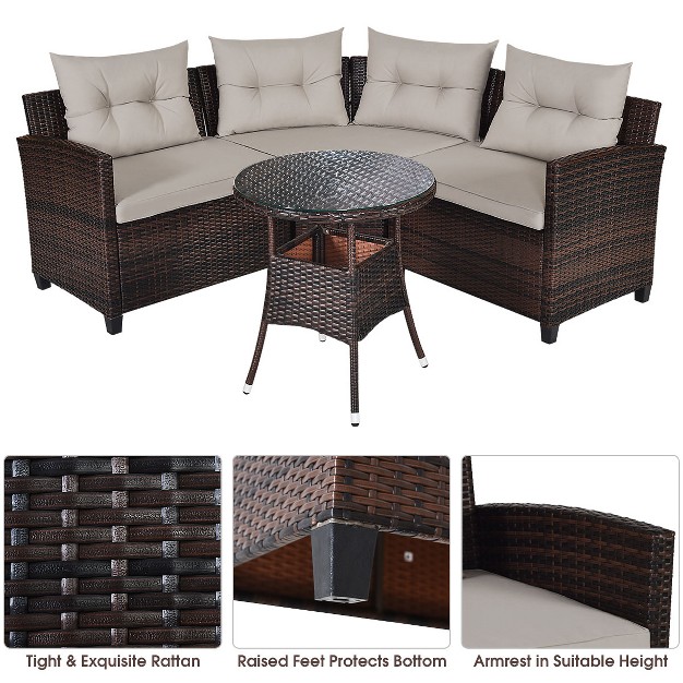 Costway 4pcs Outdoor Patio Rattan Furniture Set Cushioned Sofa Table