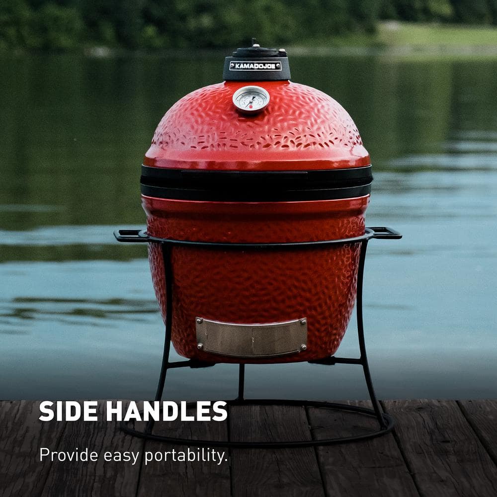 Kamado Joe Joe Jr. 13.5 in. Portable Charcoal Grill in Red with Cast Iron Cart, Heat Deflectors and Ash Tool KJ13RH