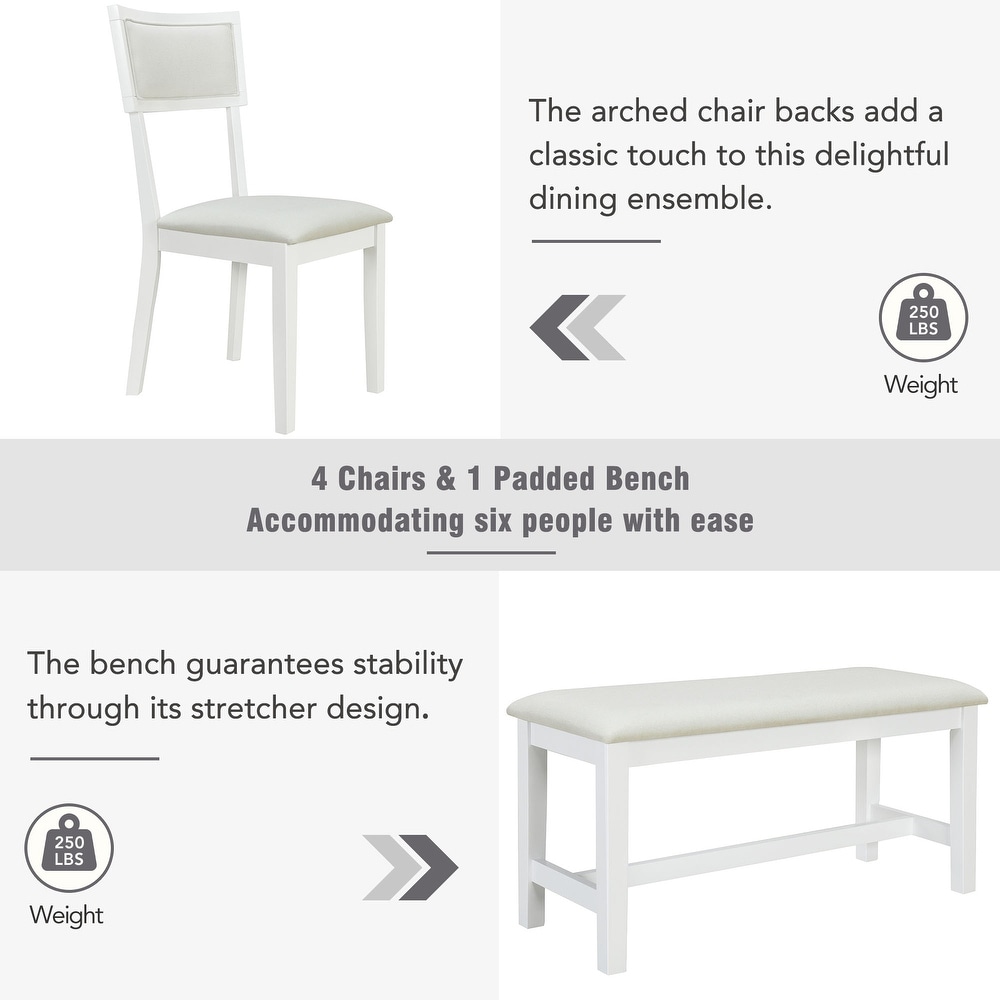 Luxury 6 Piece Breakfast Nook Dining Table Set w/Upholstered Bench and Side Chairs   Rectangular Table for Living Room