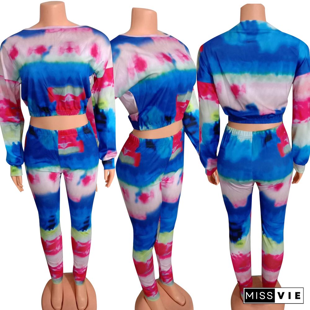 Autumn Tie-dye Long Sleeves Crop Top Skinny Pants Suit