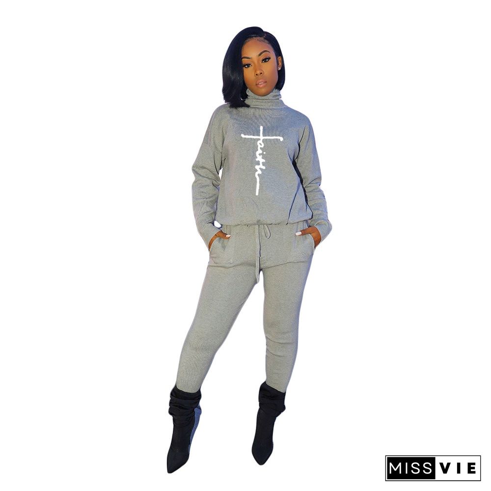 Faith Letter Turtleneck Long Sleeve T-shirt and Pants Suit