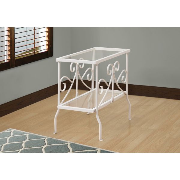 Accent Table， Side， End， Nightstand， Lamp， Living Room， Bedroom， Clear Tempered Glass， White Metal， Traditional