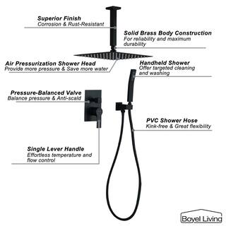 Boyel Living 1-Spray Patterns with 2.5 GPM 12 in. Ceiling Mount Dual Shower Heads with Pressure Balance Valve in Matte Black SMD-88005B