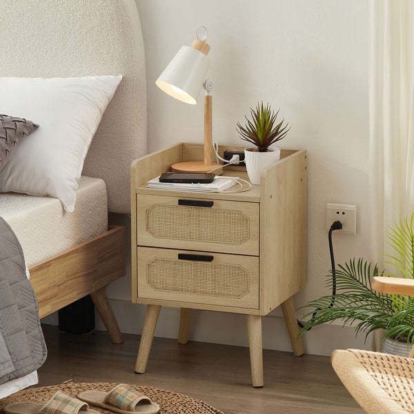 Rattan nightstand with socket side table natural handmade rattan（Natural 15.55''W*13.78''D*23.82''H） - - 37431293