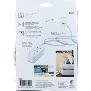 GE 10 ft. 163 Designer 3-Outlet Extension Cord with Low-Profile Flat Plug White 37592