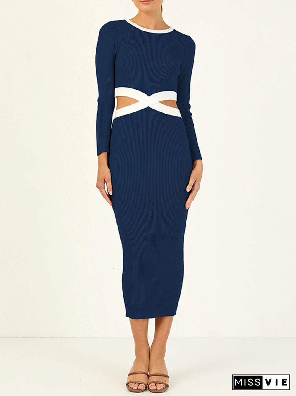 High Waisted Long Sleeves Hollow Round-Neck Midi Dresses