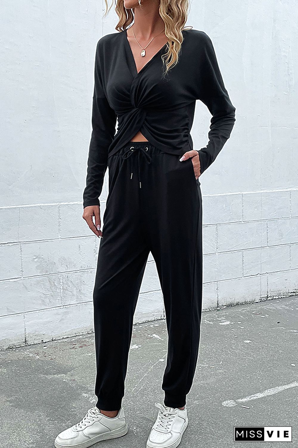 Black V Neck Twisted Crop Top 2pcs Pant Set