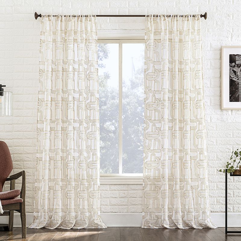 No. 918 Kaz Retro Embroidered Curves Sheer Rod Pocket 1 Window Curtain Panel