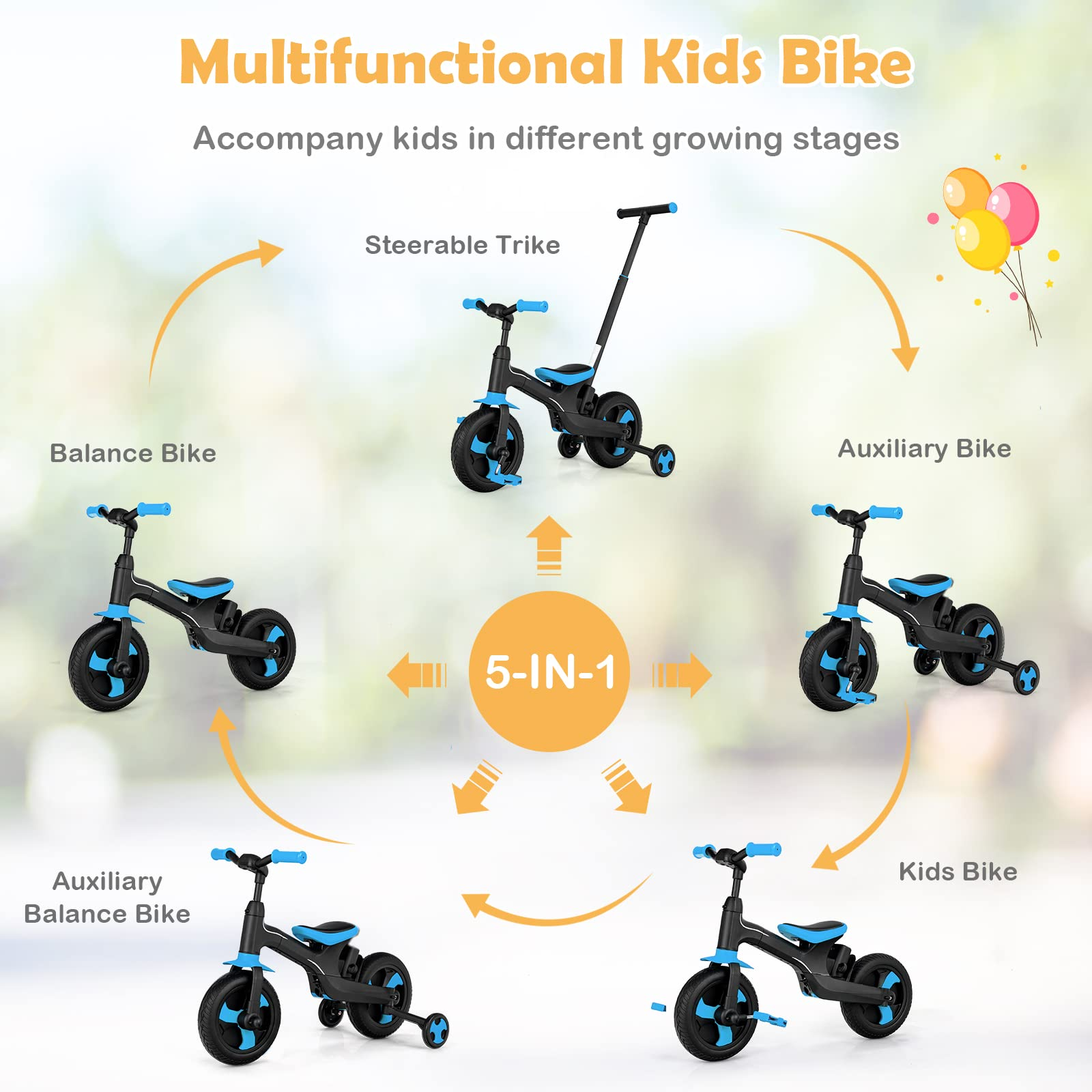 5 in 1 Toddler Tricycle, Folding Kids Trike Baby Balance Bike