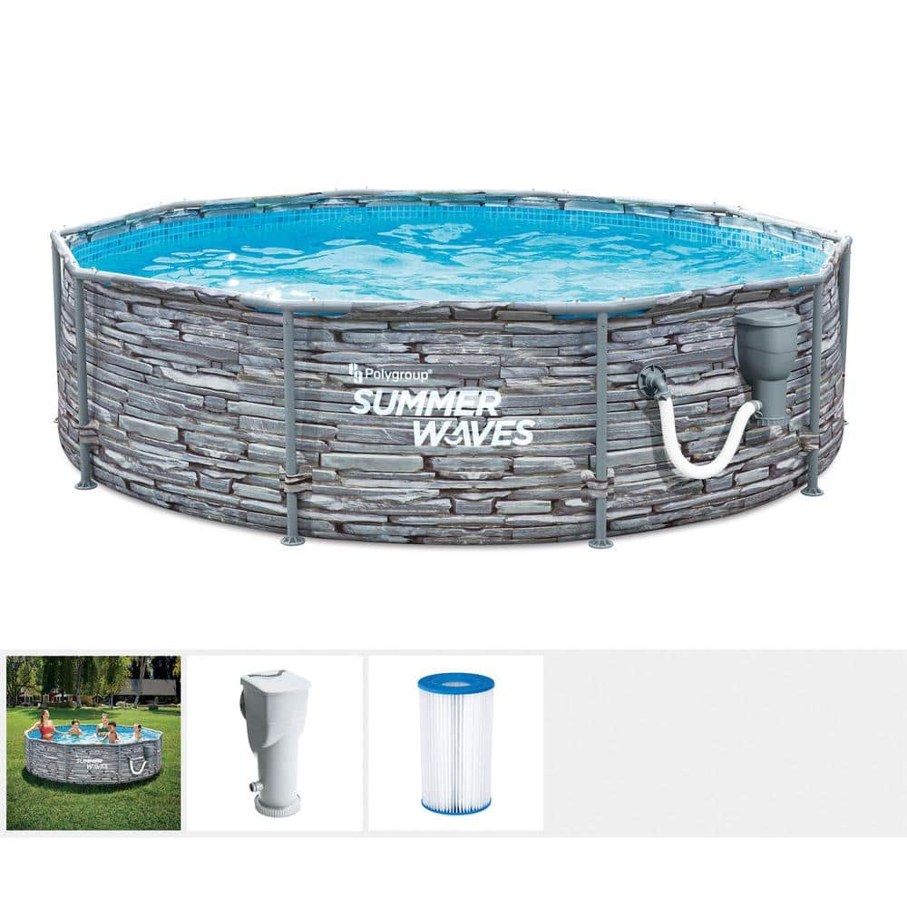 Summer Waves Active 12 ft. Round Stone Slate Print Metal Frame Above Ground Pool Set P2W01233A