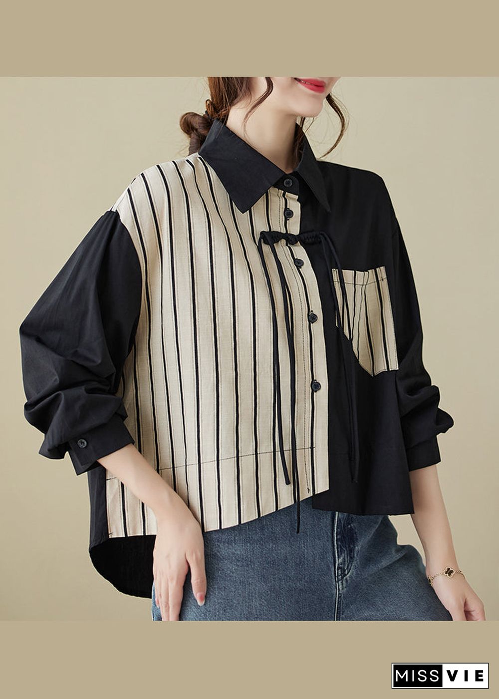 Casual Colorblock Striped Tasseled Patchwork Cotton Shirt Top Fall