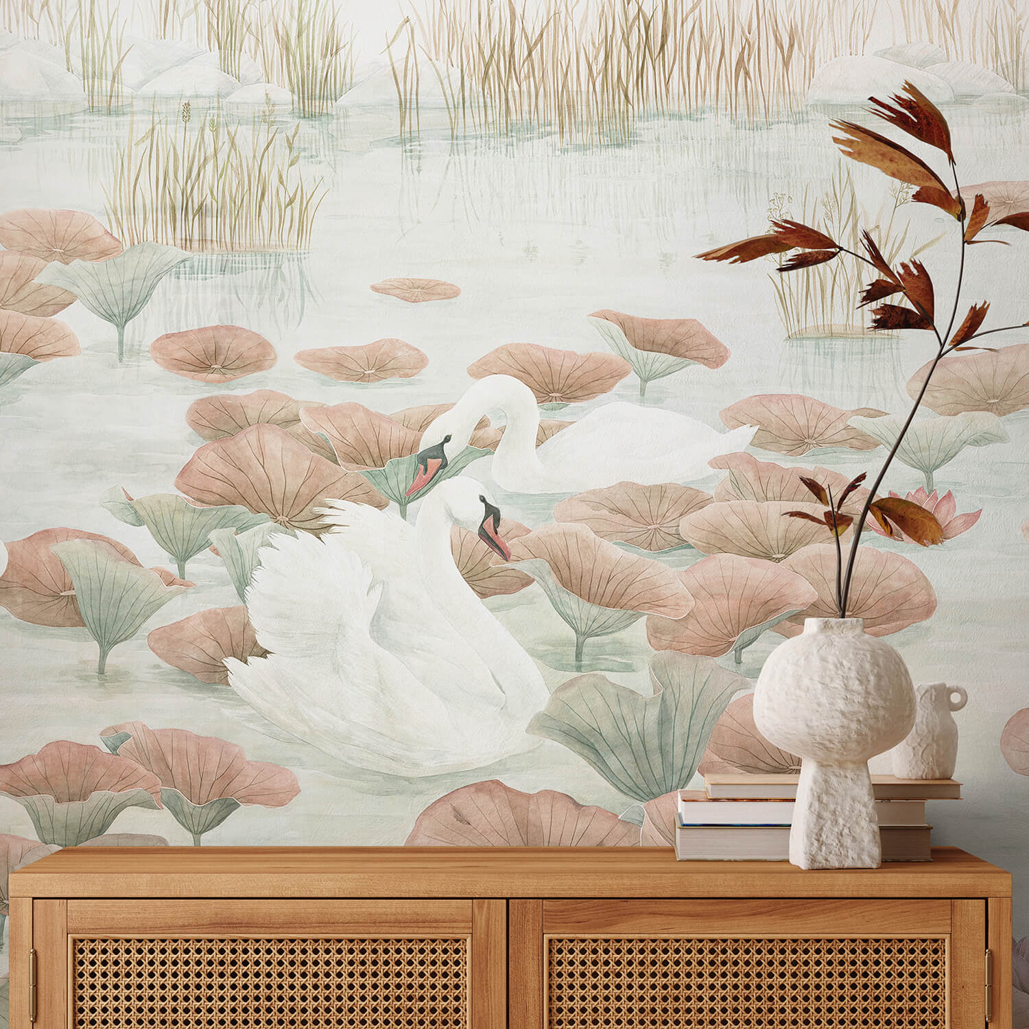 Classic Swan Lake Mural Wallpaper in Terracotta