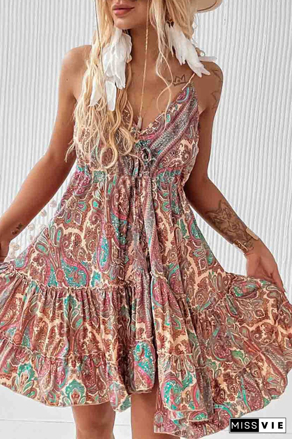 Brown Paisley Print Sleeveless V-Neck Tassel Tie Ruffle Dress