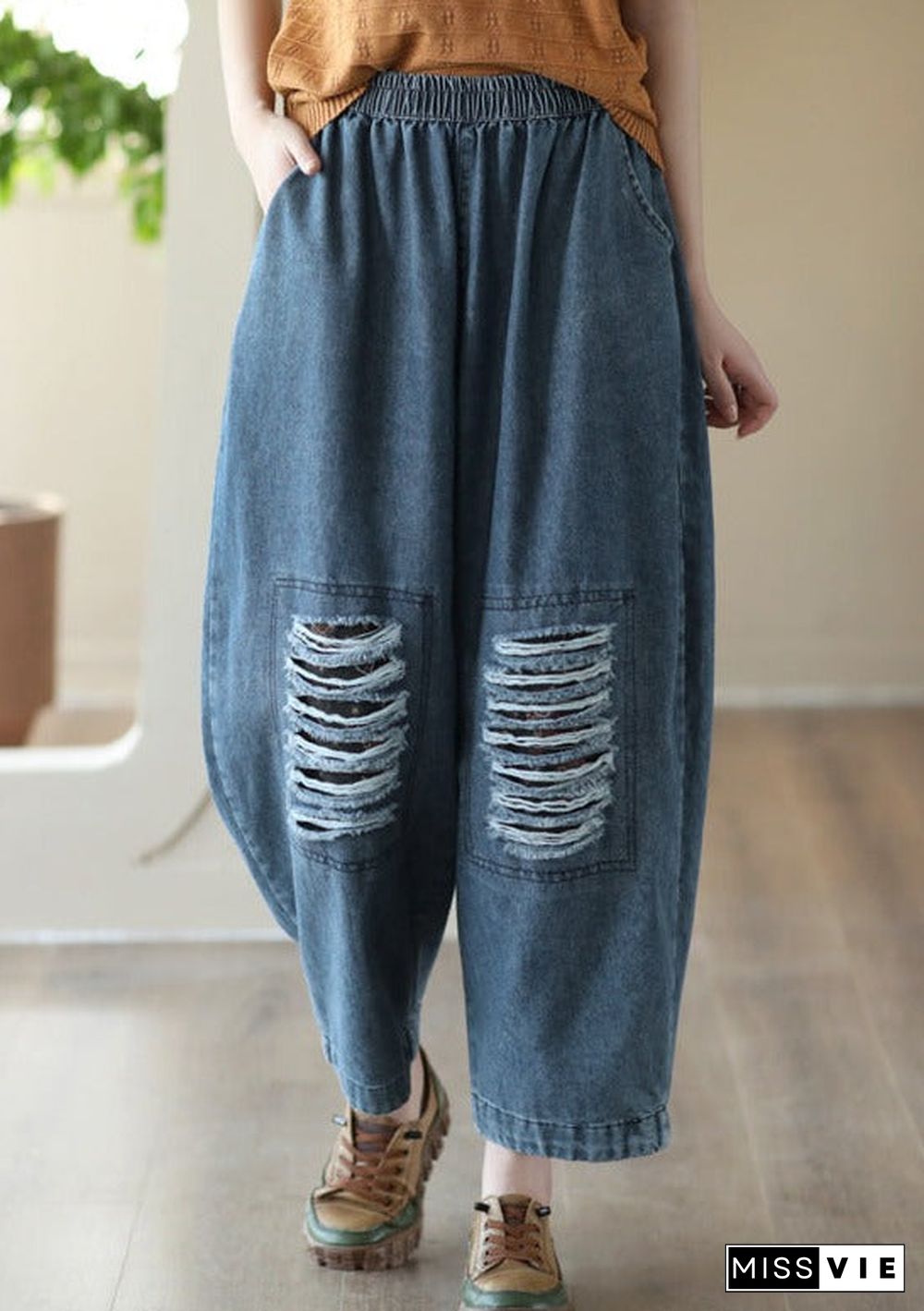 Loose Hollow Elasticity Denim Harem Pants