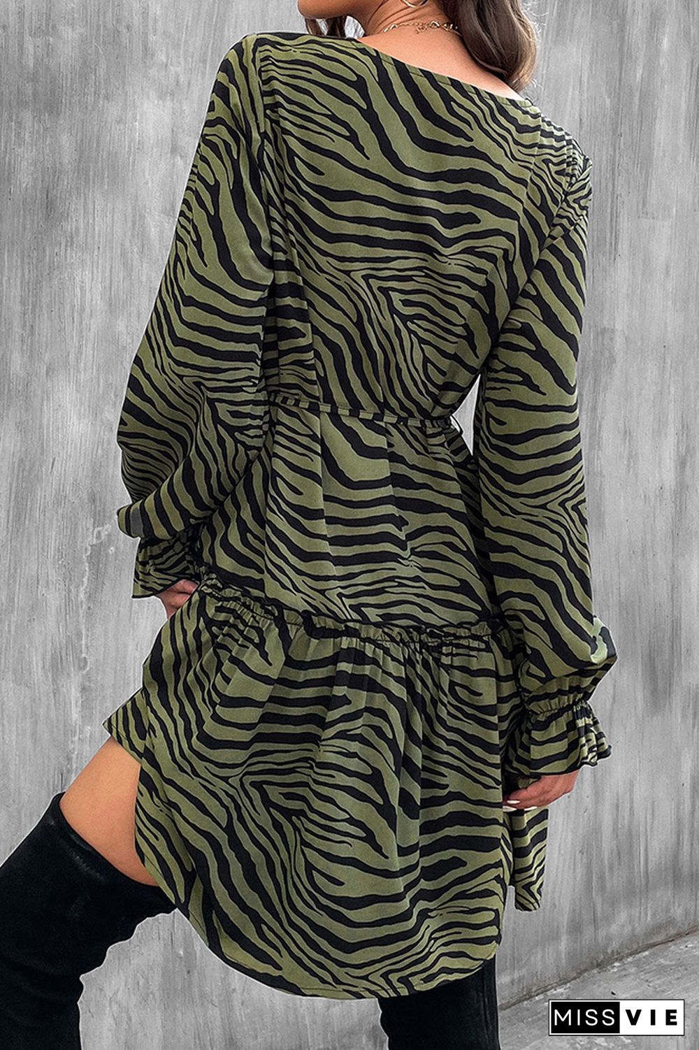 Zebra Print Puff Sleeves Ruffle Mini Dress