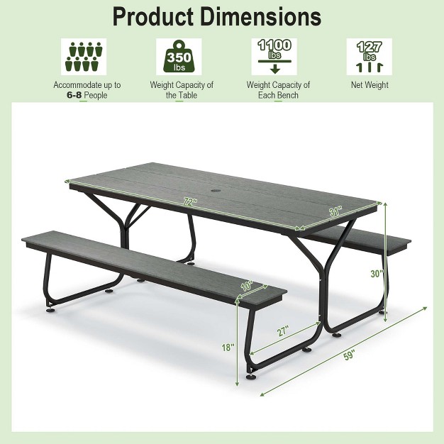 Costway 6ft Picnic Table Bench Set Outdoor Hdpe Heavy duty Table For 6 8 Person Brown grey