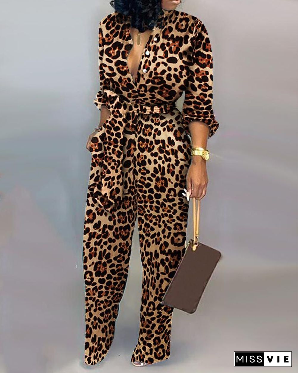 Cheetah Print Long Sleeve Pocket Design Jumpsuit