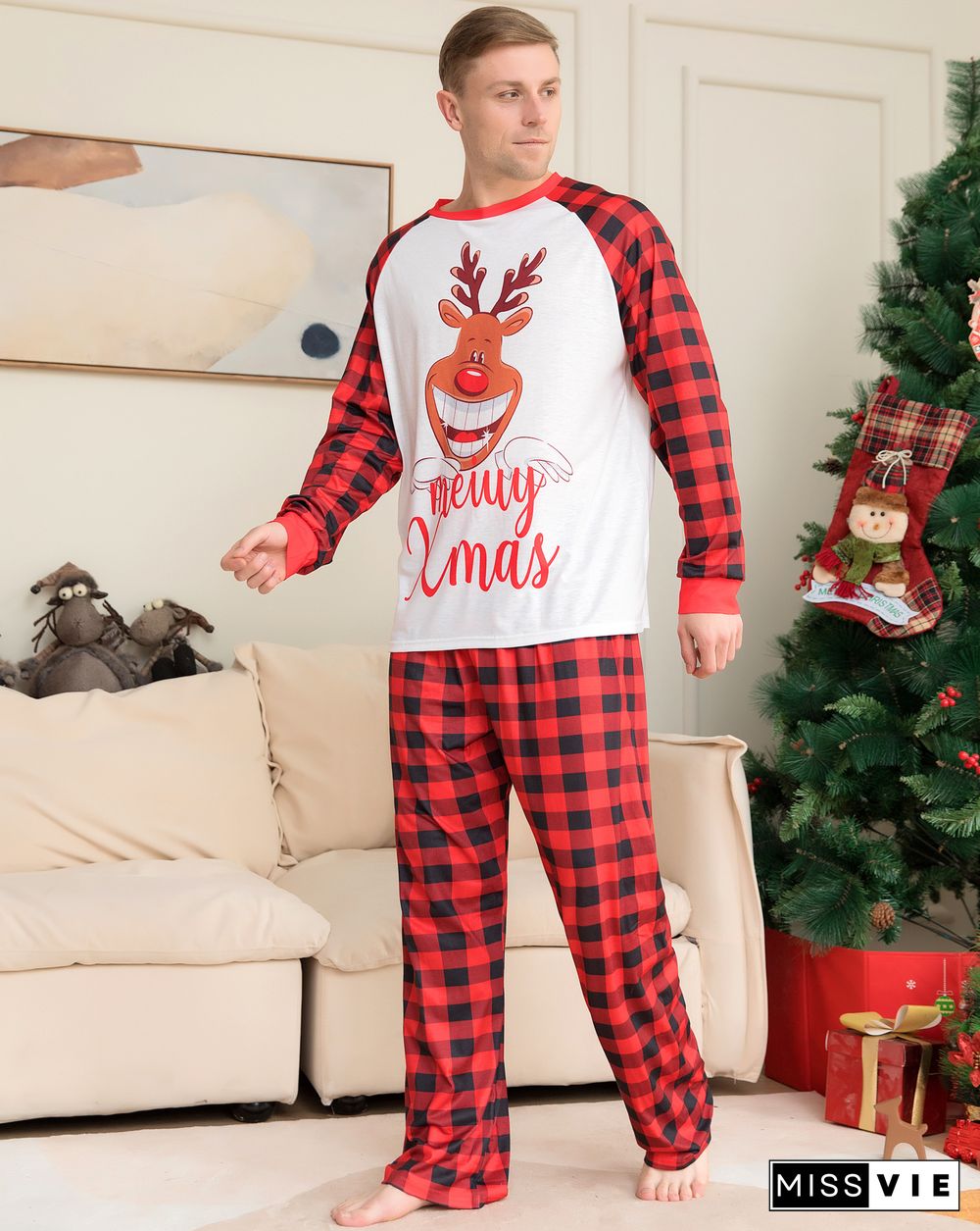 Christmas Cartoon Deer Plaid Parent-Child Sleepwear 2PCS