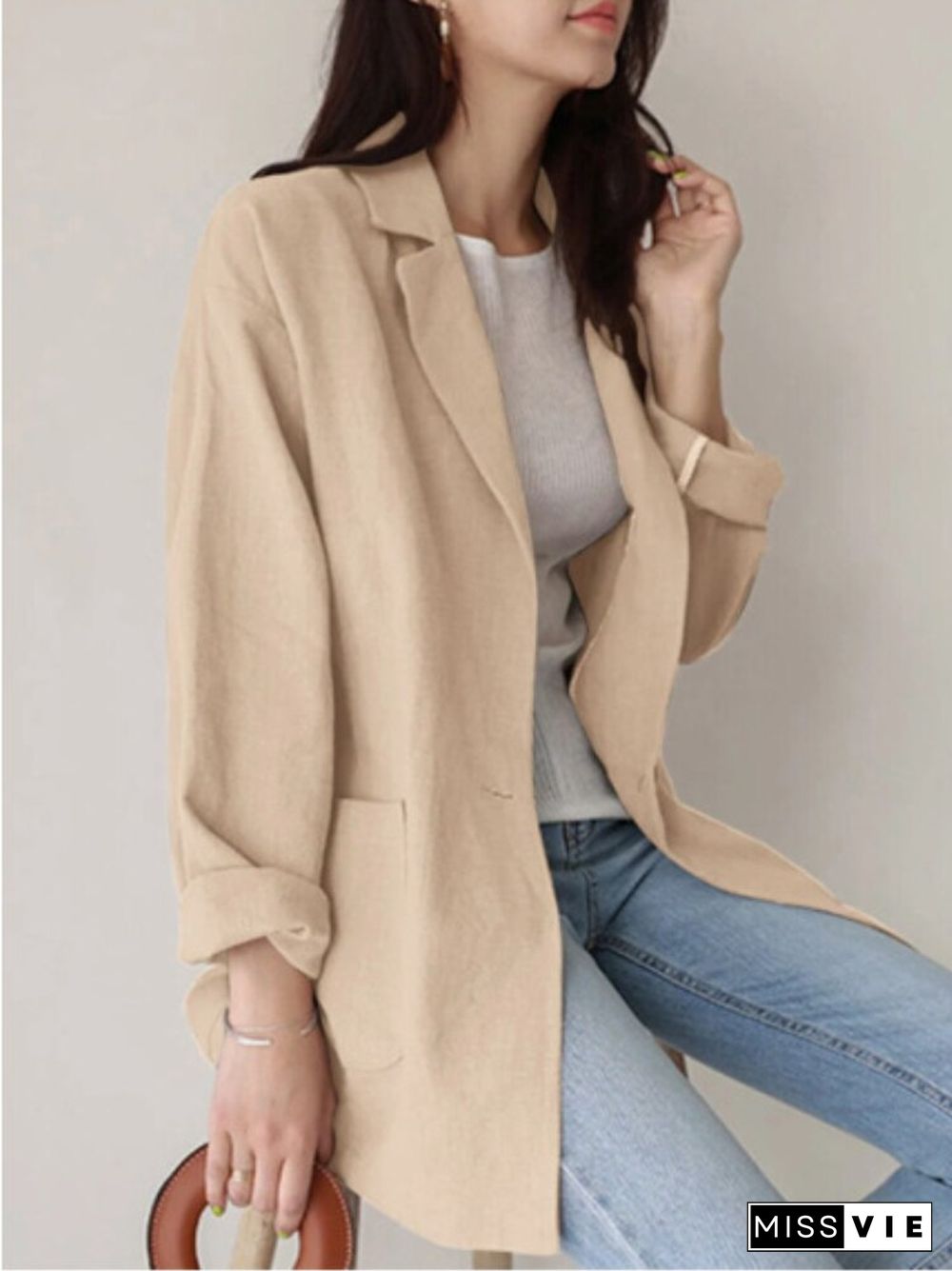 New Cotton Hemp Leisure Solid Color Lapel Women's Suit Long Sleeve Button Jacket Blazer Women Office Lady Coats Women Blazers