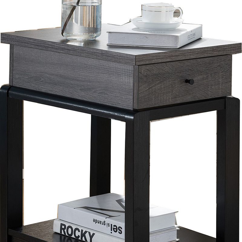 Wooden Chairside Table With Bottom Shelf， Distressed Gray And Black