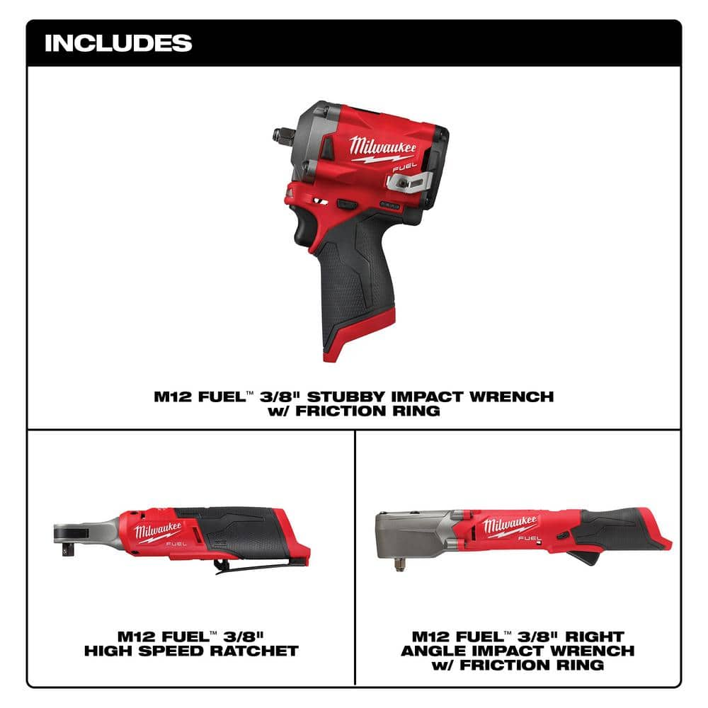 Milwaukee M12 FUEL 12V Li-Ion Brushless Cordless Stubby 3/8 in. Impact Wrench w/Right Angle Impact Wrench & High Speed Ratchet 2554-20-2564-20-2567-20