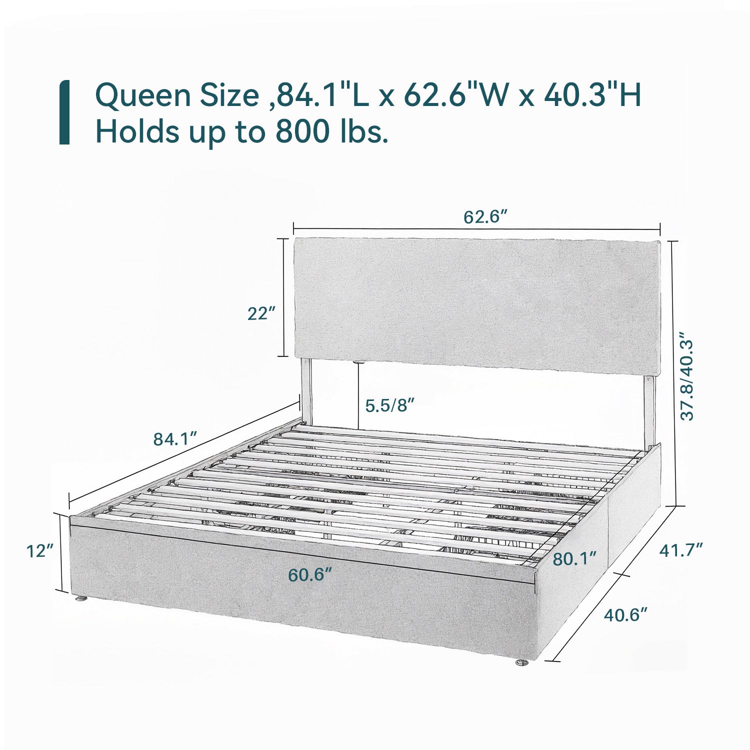 Upholstered Bed Frame with 4 Drawers Storage and Headboard with Wood Slat Support, No Box Spring Needed