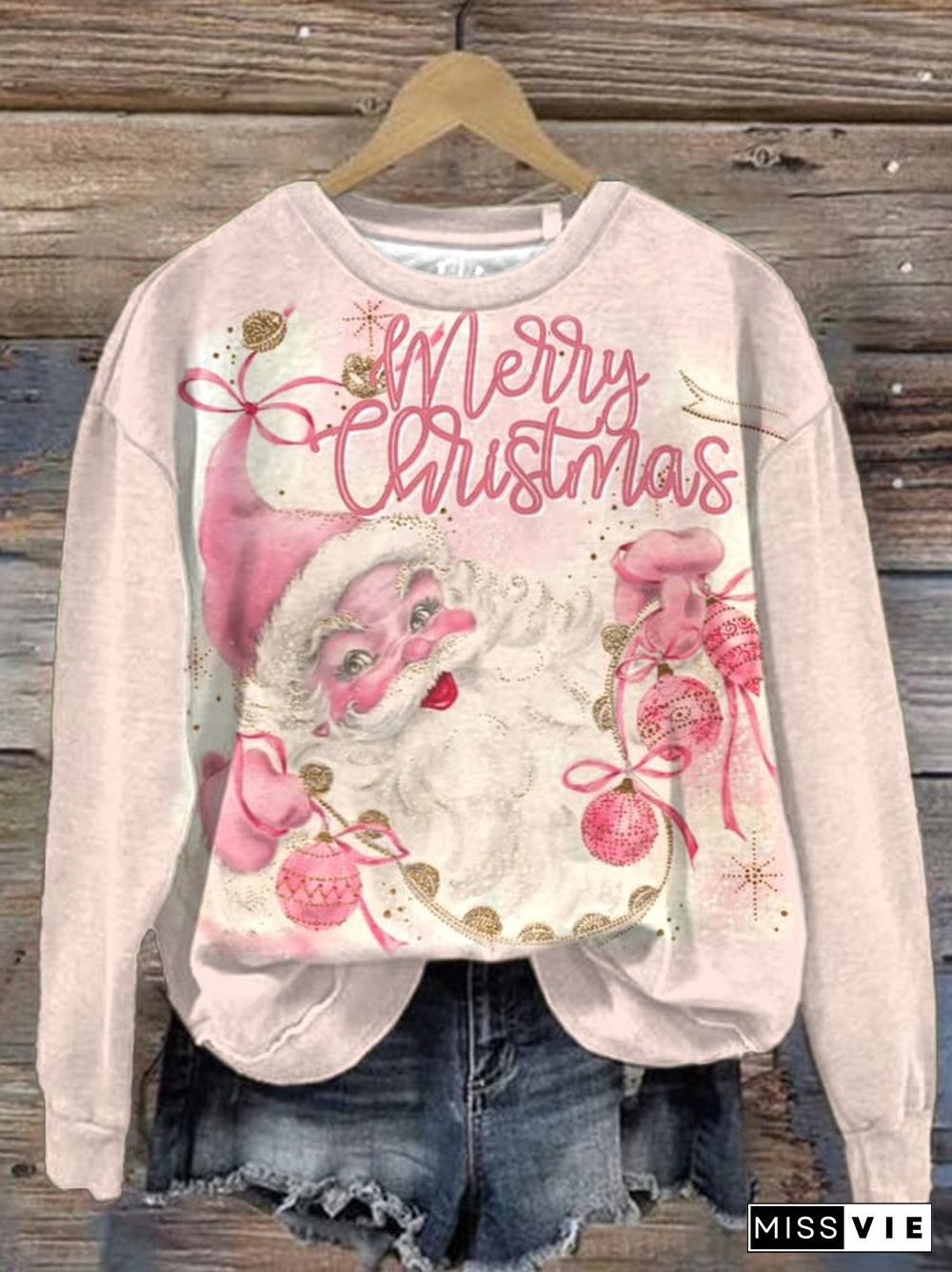 Women'S Vintage Pink Santa Print Long Sleeve Sweatshirt