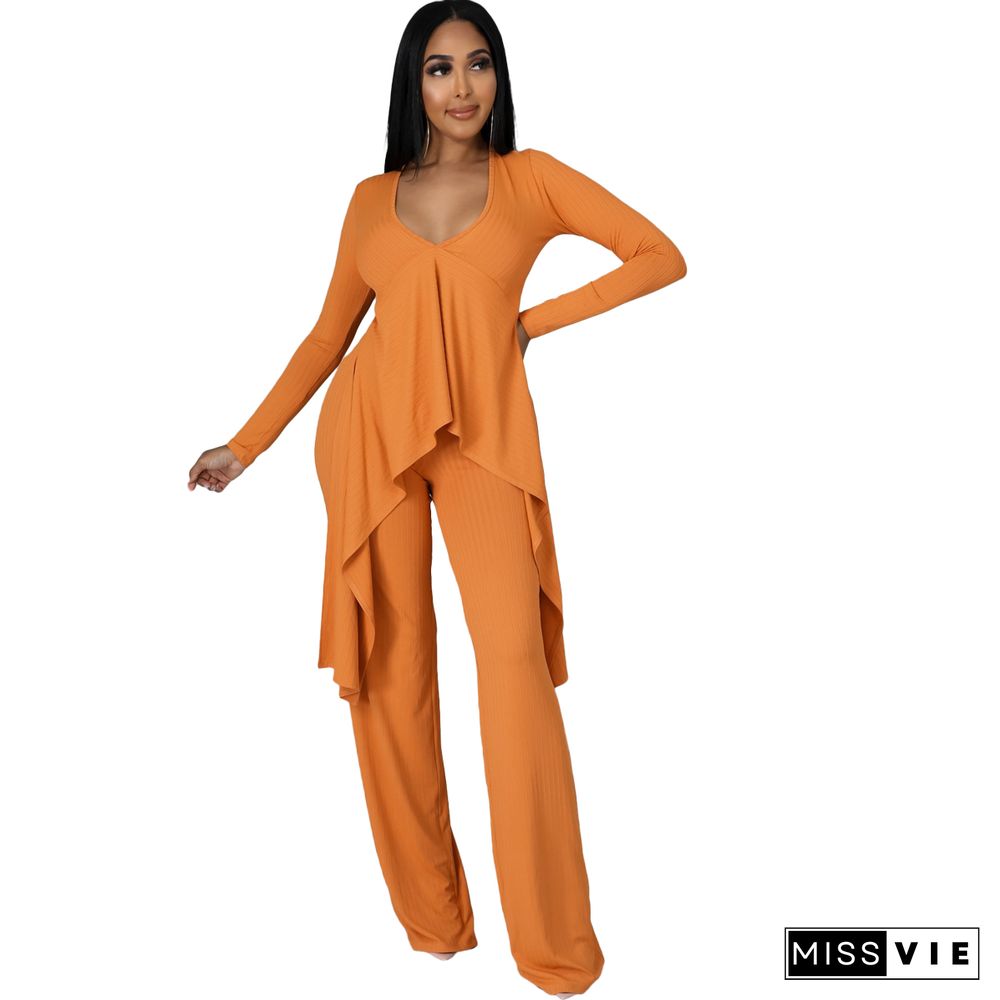 V Neck Irregular Top Straight-leg Pants Set