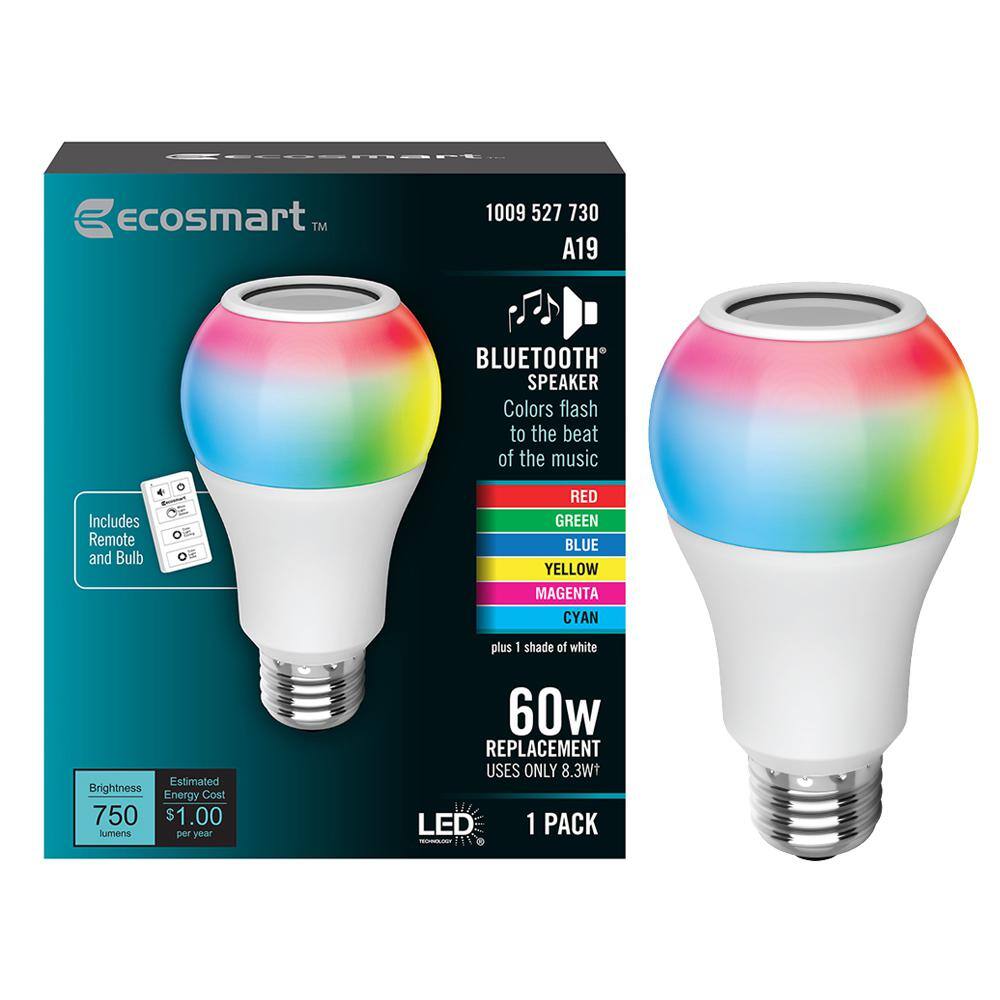 EcoSmart 60-Watt Equivalent A19 CEC Bluetooth Speaker Colored Plus Bright White LED Light Bulb with Remote Control (1-Pack) BTA19RGB3KECP