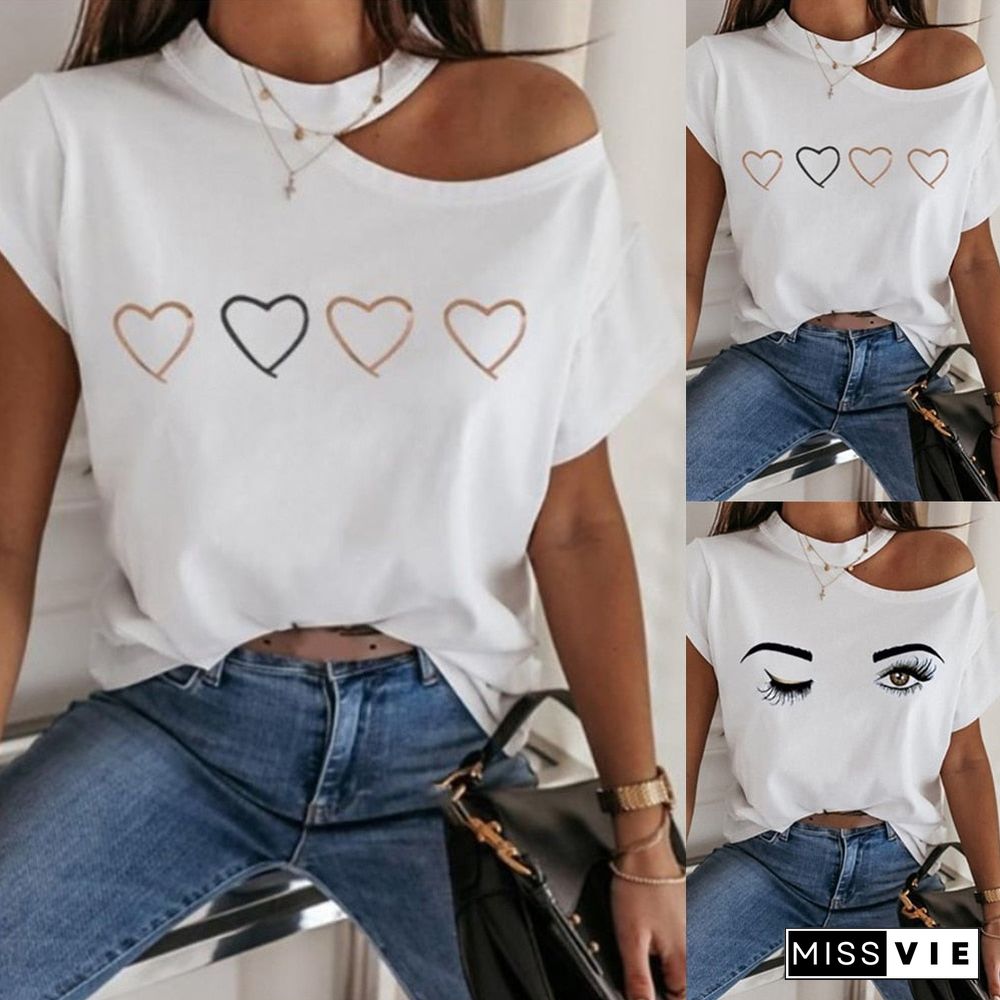 Women Summer Love Print Tshirt Casual Short Sleeve Tops Tees Sexy Off Shoulder T-Shirt O-Neck Loose Shirts Female D30