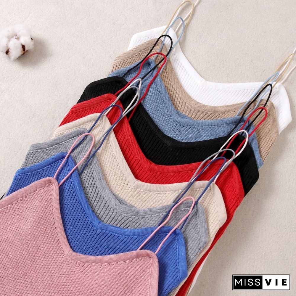 Women Knitted Tank Tops Sexy Spaghetti Strap Stretch Cropped Tops Striped Knit Camisole One Size Hot Sale Wdc4755