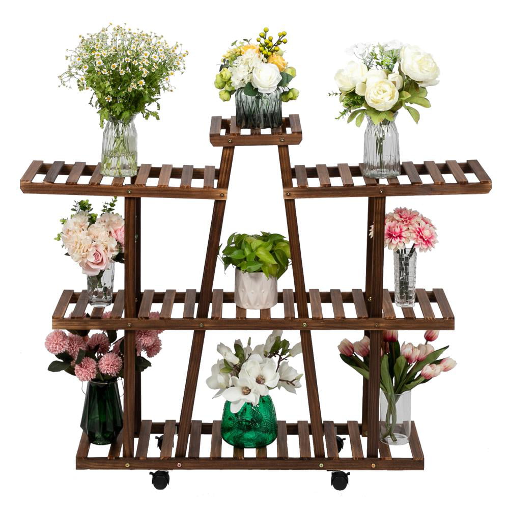 Winado 15-Tier Natural Pine Wood Rolling Flower Stand Plant Rack Pot Holder