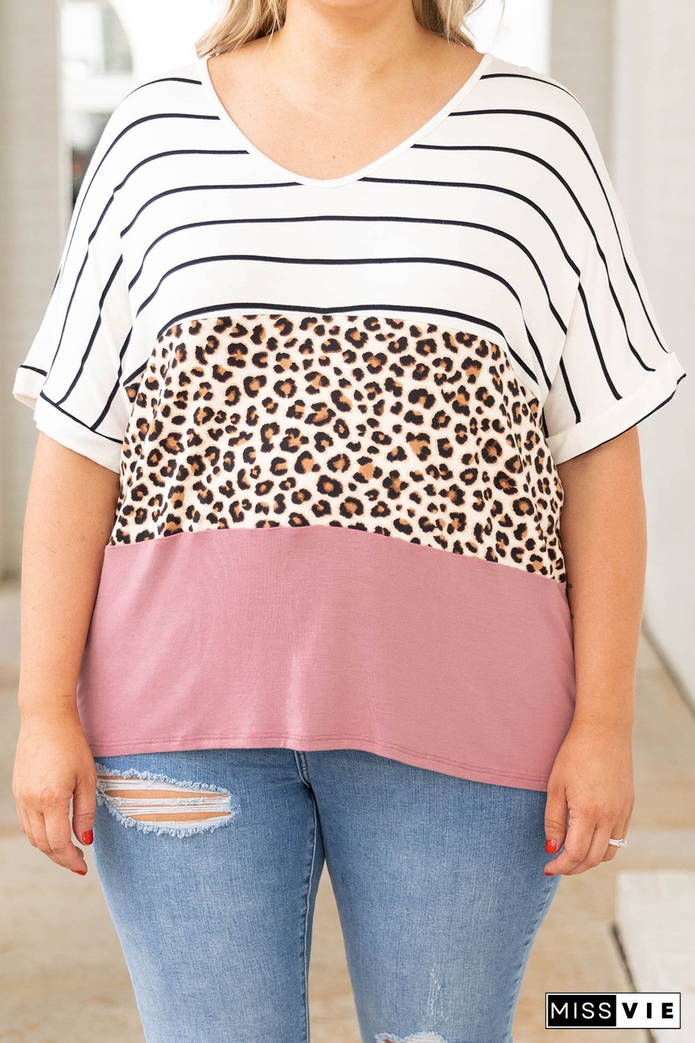 Striped Leopard Color Block Plus Size T-Shirt