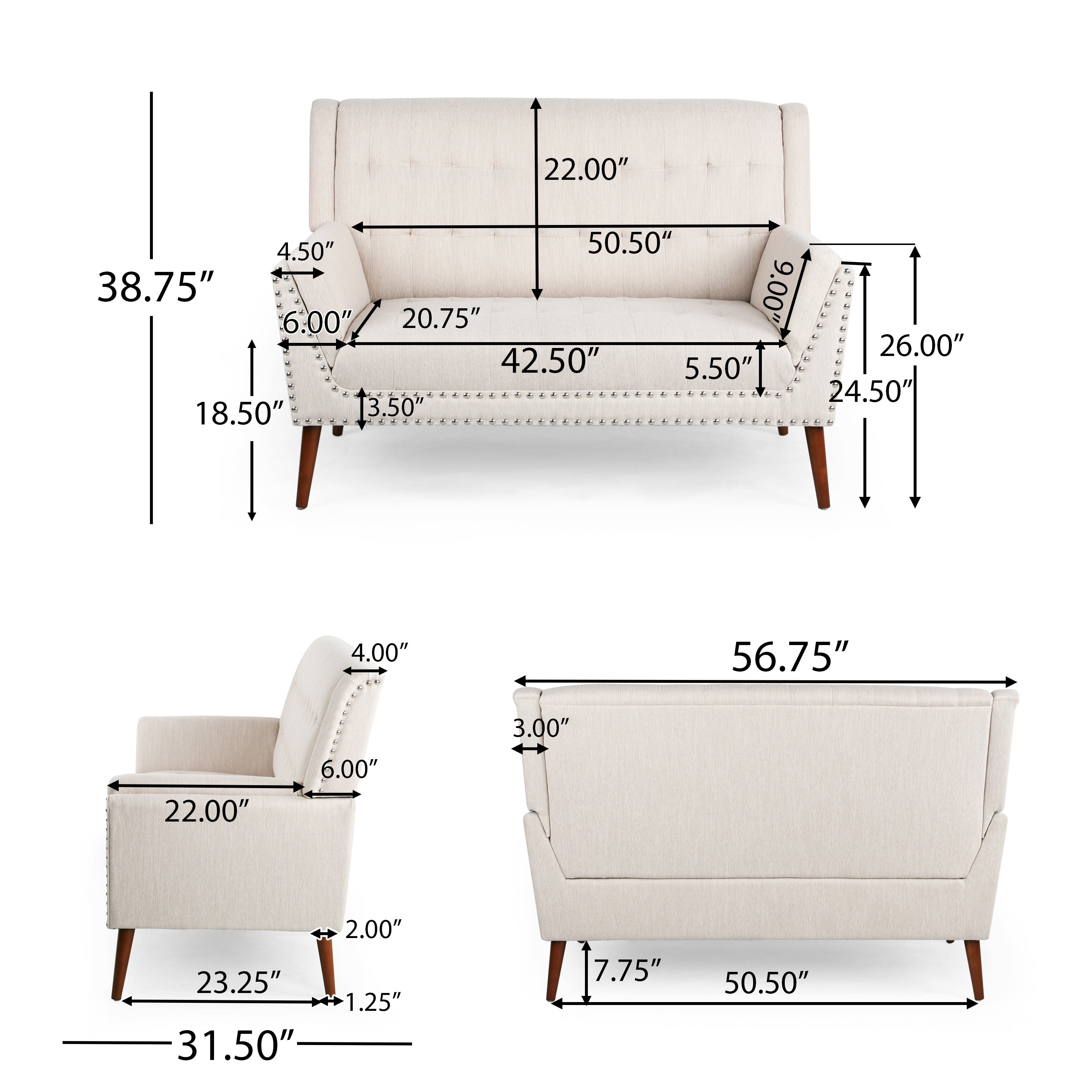 Marla Mid-Century Modern High Back Fabric Settee with Nailhead Trim