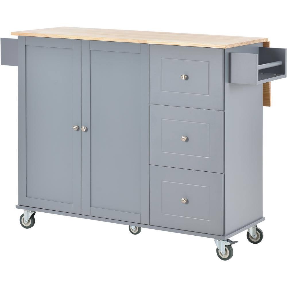 Runesay Gray Blue Rolling Mobile Kitchen Island with Solid Wood Top and Locking Wheels Storage Cabinet Drop Leaf Breakfast Bar EC-KCGB-5163