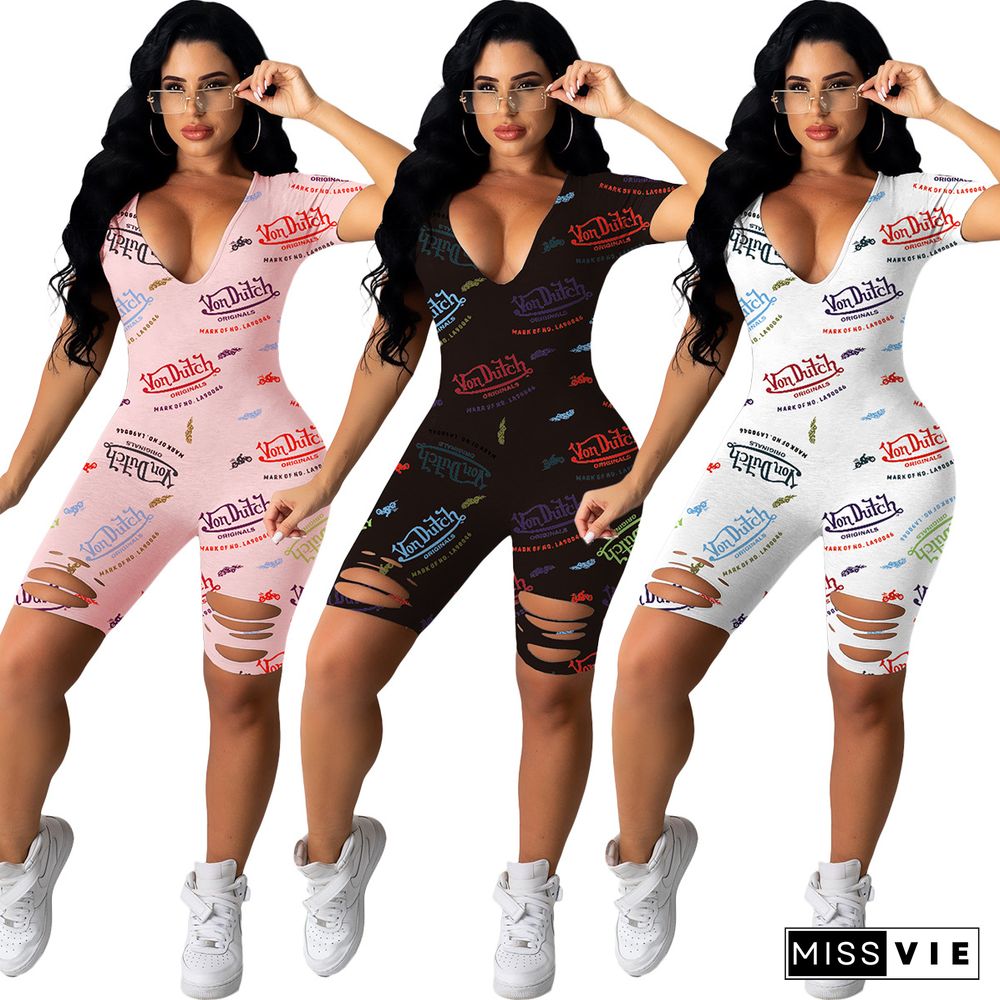 Printed Holes Sexy Short-Sleeved V-Neck Jumpsuit