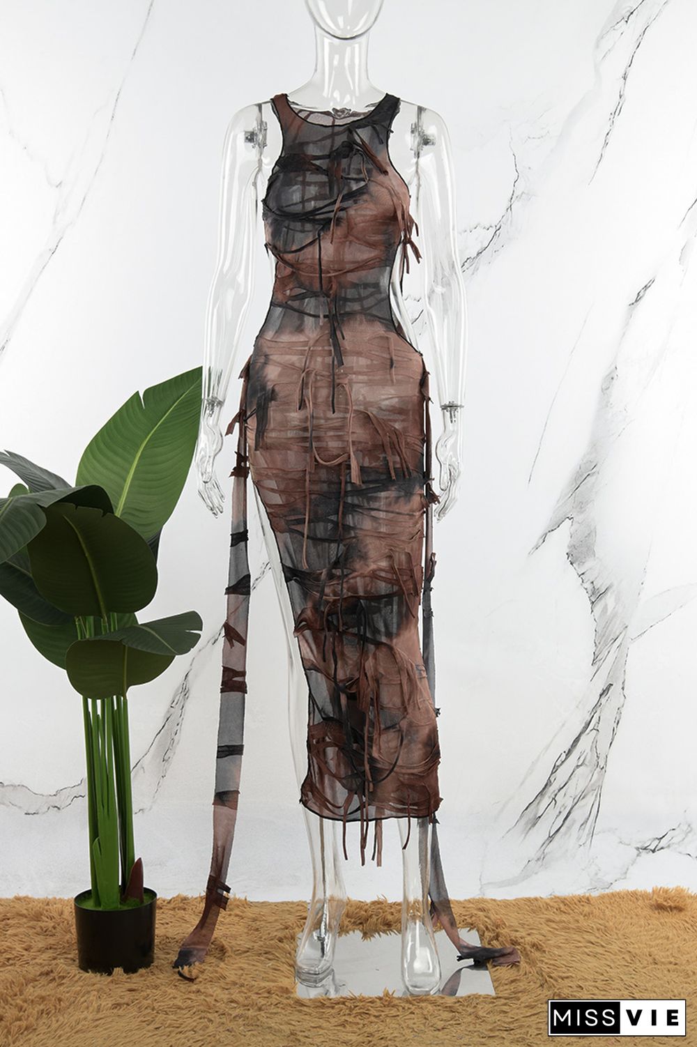 Brown Casual Print Tie Dye Hollowed Out Slit O Neck Sleeveless Dress Dresses