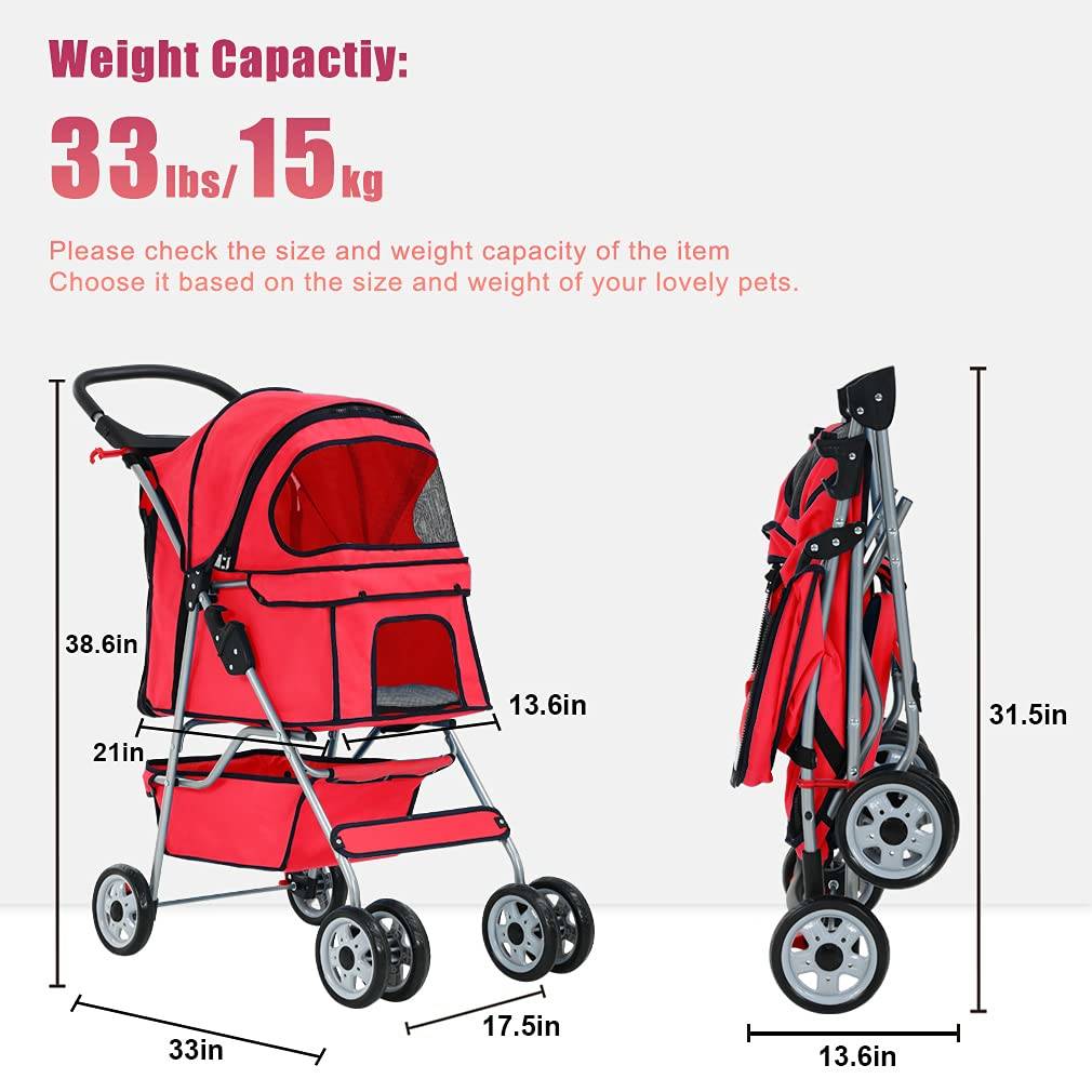 YRLLENSDAN Pet Gear Dog Stroller Small Dogs， Folding Cat Stroller with Cup Holders 4 Wheel Pet Strollers for Small Dogs Puppy Stroller Travel Carrier Dog Stroller for Medium Dogs， Red