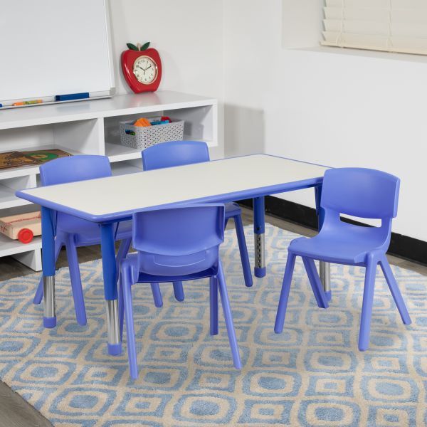 Flash Furniture 23.625''W x 47.25''L Adjustable Rectangular Blue Plastic Activity Table Set with 4 School Stack Chairs