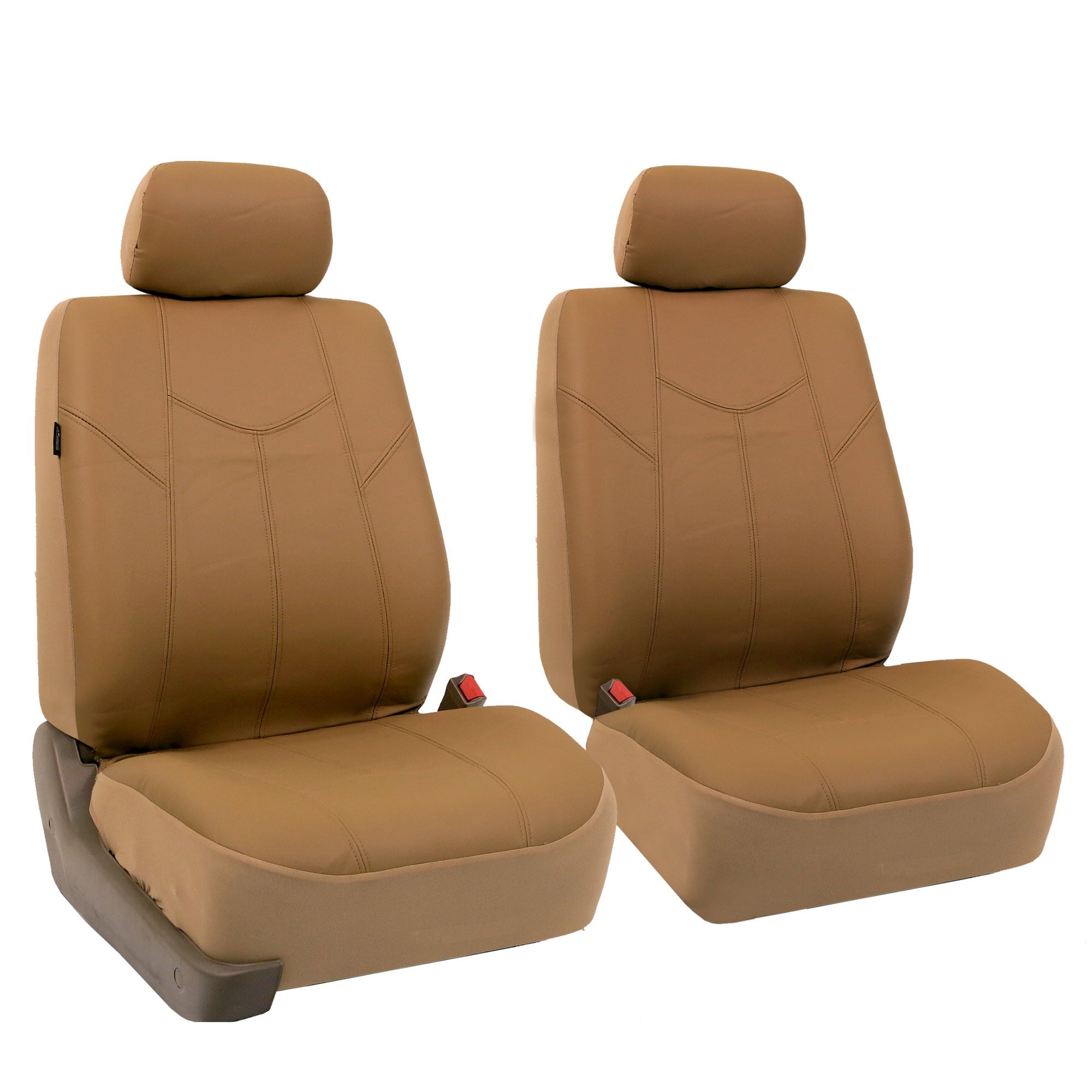 FH Group PU Leather Airbag Compatible Split Bench Seat Covers for Auto， Full set with Carpet Floor Mats， Beige