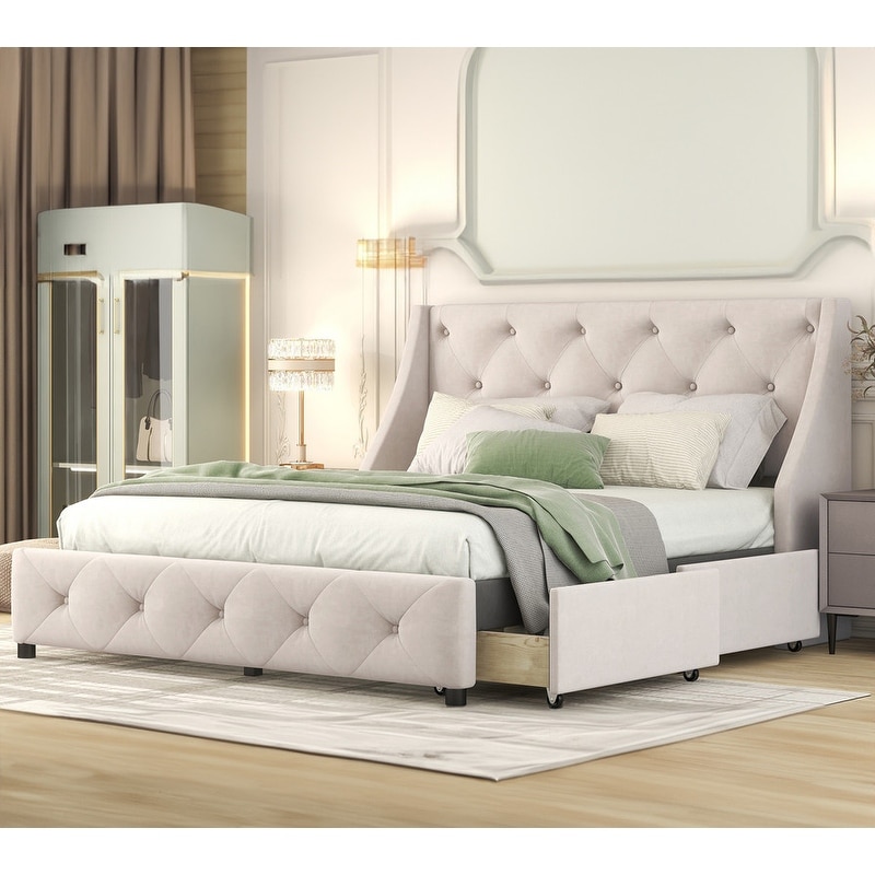 Upholstered Platform Bed with Curved Wing Headboard and Four Drawers